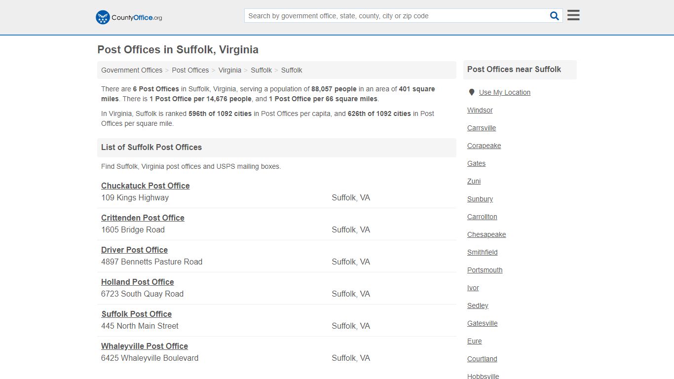 Post Offices - Suffolk, VA (Mail Services & PO Boxes) - County Office